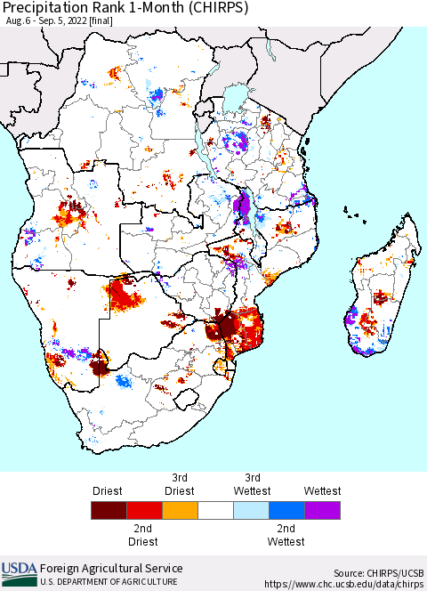 Southern Africa Precipitation Rank since 1981, 1-Month (CHIRPS) Thematic Map For 8/6/2022 - 9/5/2022