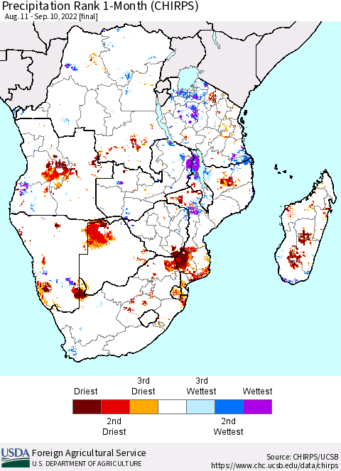 Southern Africa Precipitation Rank since 1981, 1-Month (CHIRPS) Thematic Map For 8/11/2022 - 9/10/2022