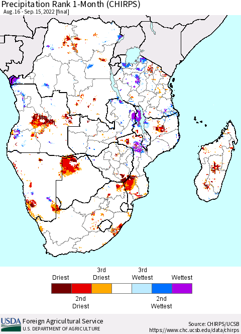 Southern Africa Precipitation Rank since 1981, 1-Month (CHIRPS) Thematic Map For 8/16/2022 - 9/15/2022