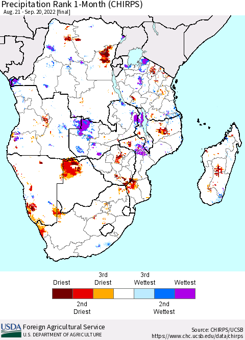 Southern Africa Precipitation Rank since 1981, 1-Month (CHIRPS) Thematic Map For 8/21/2022 - 9/20/2022