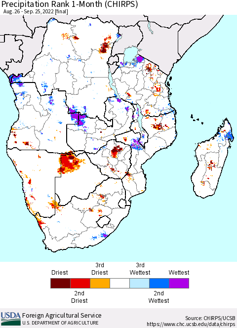 Southern Africa Precipitation Rank since 1981, 1-Month (CHIRPS) Thematic Map For 8/26/2022 - 9/25/2022