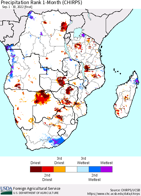 Southern Africa Precipitation Rank since 1981, 1-Month (CHIRPS) Thematic Map For 9/1/2022 - 9/30/2022