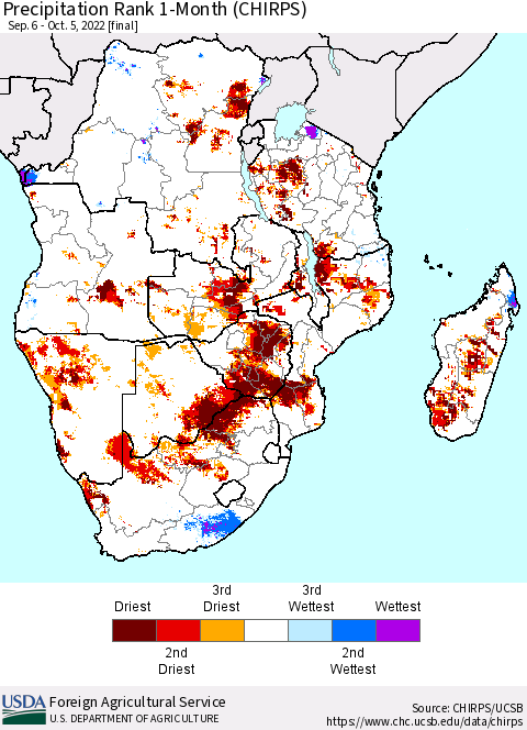 Southern Africa Precipitation Rank since 1981, 1-Month (CHIRPS) Thematic Map For 9/6/2022 - 10/5/2022