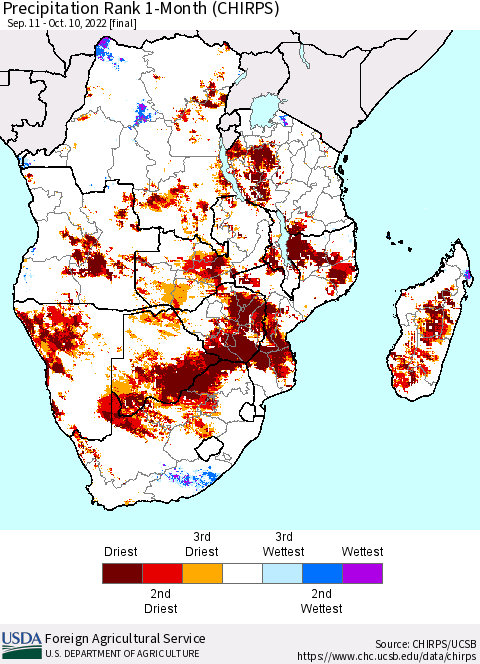Southern Africa Precipitation Rank since 1981, 1-Month (CHIRPS) Thematic Map For 9/11/2022 - 10/10/2022