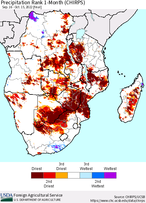 Southern Africa Precipitation Rank since 1981, 1-Month (CHIRPS) Thematic Map For 9/16/2022 - 10/15/2022
