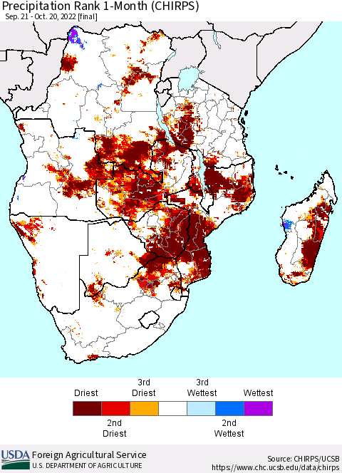 Southern Africa Precipitation Rank since 1981, 1-Month (CHIRPS) Thematic Map For 9/21/2022 - 10/20/2022