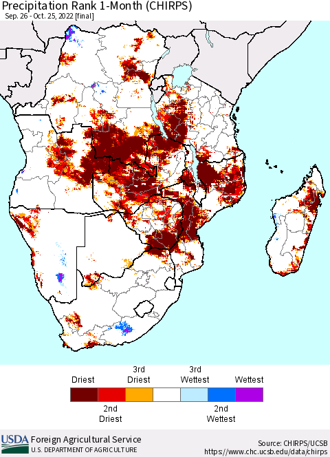 Southern Africa Precipitation Rank since 1981, 1-Month (CHIRPS) Thematic Map For 9/26/2022 - 10/25/2022