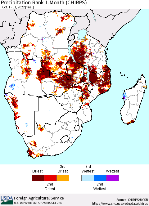 Southern Africa Precipitation Rank since 1981, 1-Month (CHIRPS) Thematic Map For 10/1/2022 - 10/31/2022
