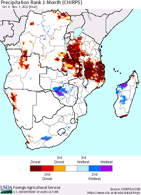 Southern Africa Precipitation Rank since 1981, 1-Month (CHIRPS) Thematic Map For 10/6/2022 - 11/5/2022