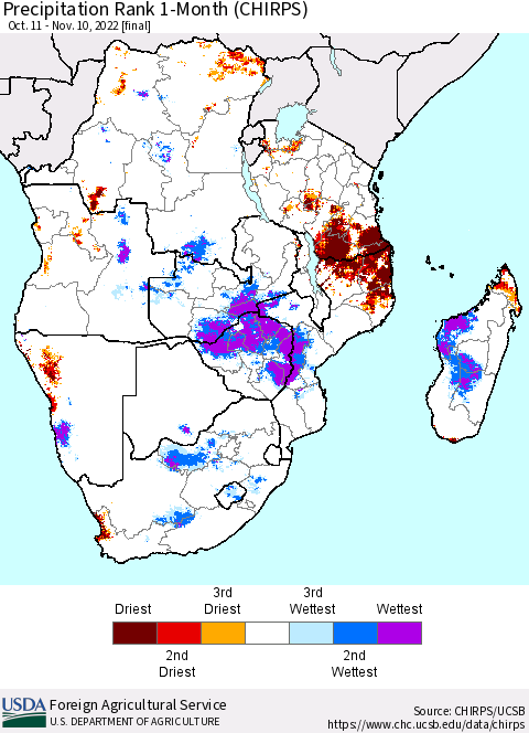 Southern Africa Precipitation Rank since 1981, 1-Month (CHIRPS) Thematic Map For 10/11/2022 - 11/10/2022