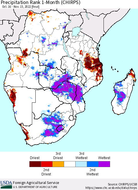 Southern Africa Precipitation Rank since 1981, 1-Month (CHIRPS) Thematic Map For 10/16/2022 - 11/15/2022