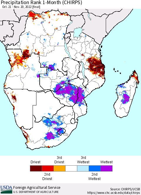 Southern Africa Precipitation Rank since 1981, 1-Month (CHIRPS) Thematic Map For 10/21/2022 - 11/20/2022