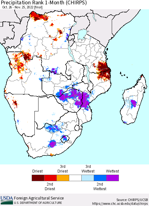 Southern Africa Precipitation Rank since 1981, 1-Month (CHIRPS) Thematic Map For 10/26/2022 - 11/25/2022