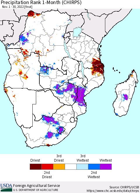 Southern Africa Precipitation Rank since 1981, 1-Month (CHIRPS) Thematic Map For 11/1/2022 - 11/30/2022