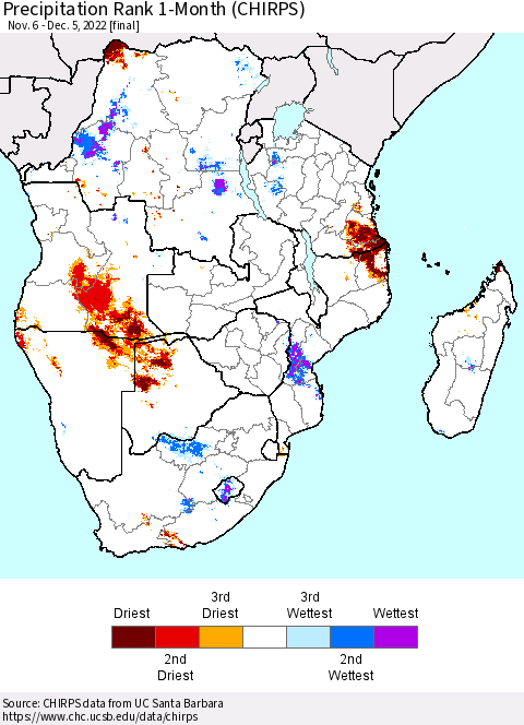 Southern Africa Precipitation Rank since 1981, 1-Month (CHIRPS) Thematic Map For 11/6/2022 - 12/5/2022