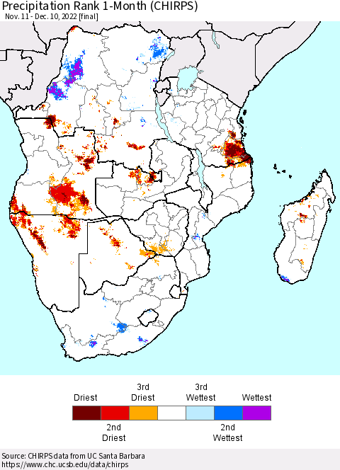 Southern Africa Precipitation Rank since 1981, 1-Month (CHIRPS) Thematic Map For 11/11/2022 - 12/10/2022