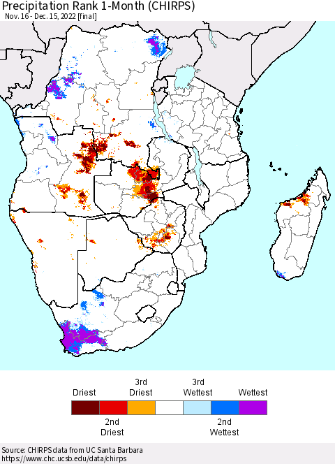 Southern Africa Precipitation Rank since 1981, 1-Month (CHIRPS) Thematic Map For 11/16/2022 - 12/15/2022