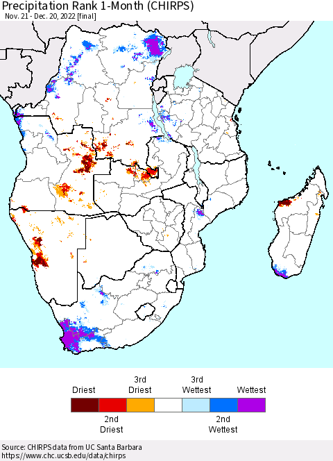 Southern Africa Precipitation Rank since 1981, 1-Month (CHIRPS) Thematic Map For 11/21/2022 - 12/20/2022