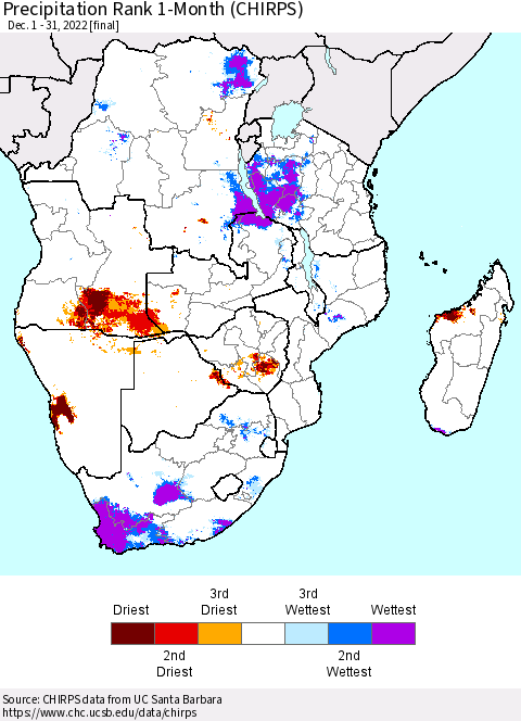 Southern Africa Precipitation Rank since 1981, 1-Month (CHIRPS) Thematic Map For 12/1/2022 - 12/31/2022