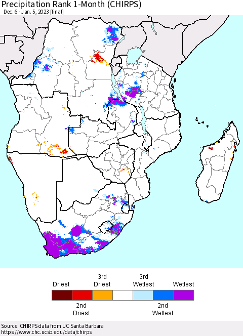 Southern Africa Precipitation Rank since 1981, 1-Month (CHIRPS) Thematic Map For 12/6/2022 - 1/5/2023