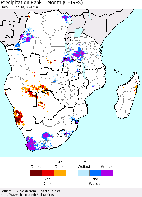 Southern Africa Precipitation Rank since 1981, 1-Month (CHIRPS) Thematic Map For 12/11/2022 - 1/10/2023