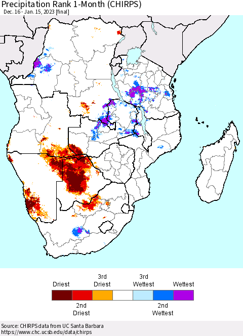 Southern Africa Precipitation Rank since 1981, 1-Month (CHIRPS) Thematic Map For 12/16/2022 - 1/15/2023