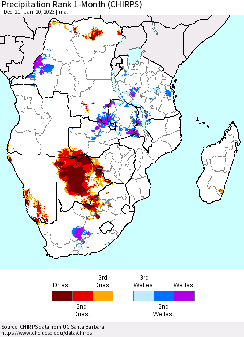 Southern Africa Precipitation Rank since 1981, 1-Month (CHIRPS) Thematic Map For 12/21/2022 - 1/20/2023