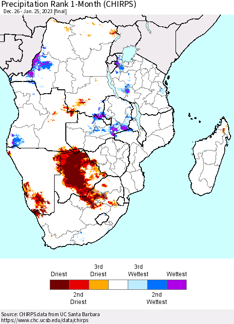 Southern Africa Precipitation Rank since 1981, 1-Month (CHIRPS) Thematic Map For 12/26/2022 - 1/25/2023