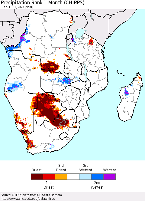 Southern Africa Precipitation Rank since 1981, 1-Month (CHIRPS) Thematic Map For 1/1/2023 - 1/31/2023