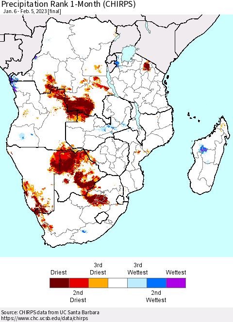 Southern Africa Precipitation Rank since 1981, 1-Month (CHIRPS) Thematic Map For 1/6/2023 - 2/5/2023