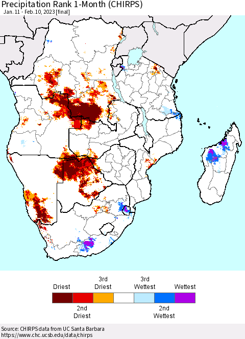 Southern Africa Precipitation Rank since 1981, 1-Month (CHIRPS) Thematic Map For 1/11/2023 - 2/10/2023