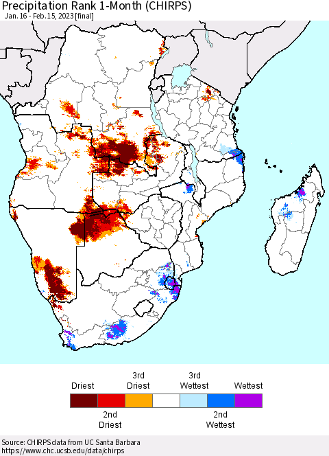 Southern Africa Precipitation Rank since 1981, 1-Month (CHIRPS) Thematic Map For 1/16/2023 - 2/15/2023