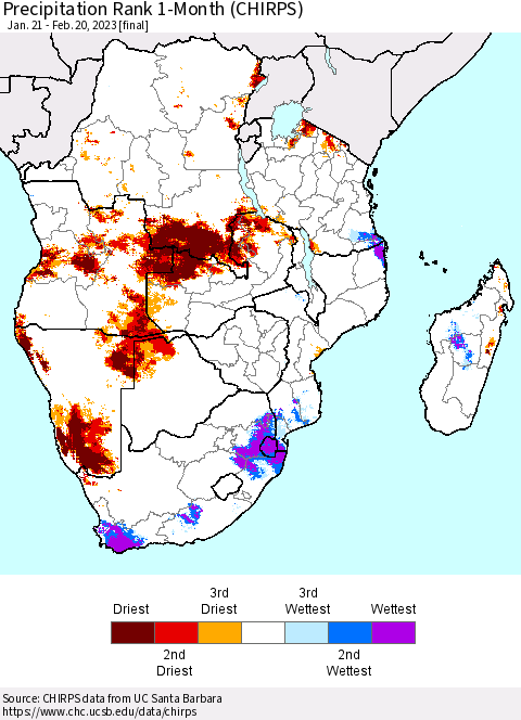 Southern Africa Precipitation Rank since 1981, 1-Month (CHIRPS) Thematic Map For 1/21/2023 - 2/20/2023
