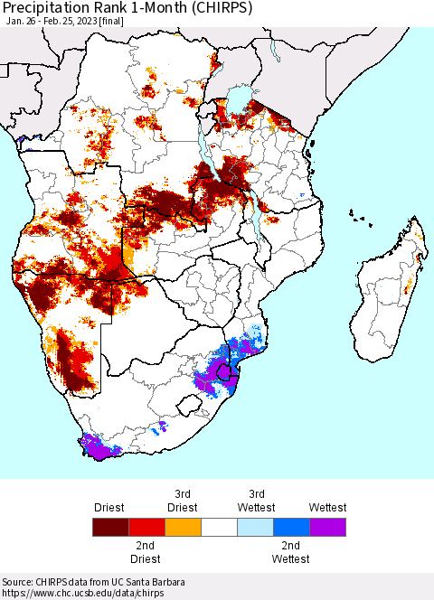 Southern Africa Precipitation Rank since 1981, 1-Month (CHIRPS) Thematic Map For 1/26/2023 - 2/25/2023