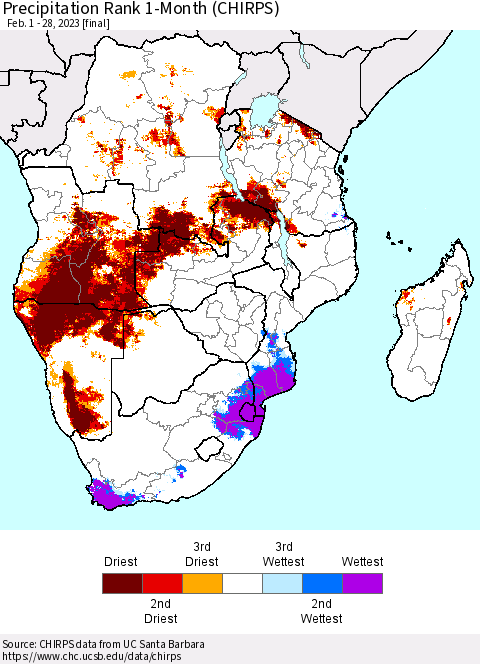 Southern Africa Precipitation Rank since 1981, 1-Month (CHIRPS) Thematic Map For 2/1/2023 - 2/28/2023