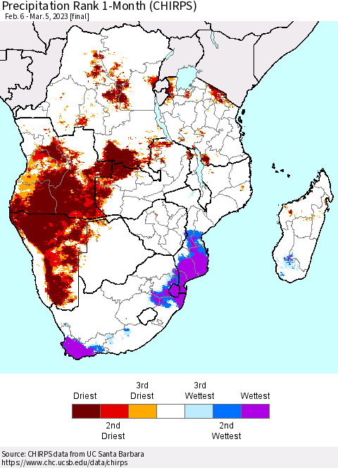 Southern Africa Precipitation Rank since 1981, 1-Month (CHIRPS) Thematic Map For 2/6/2023 - 3/5/2023
