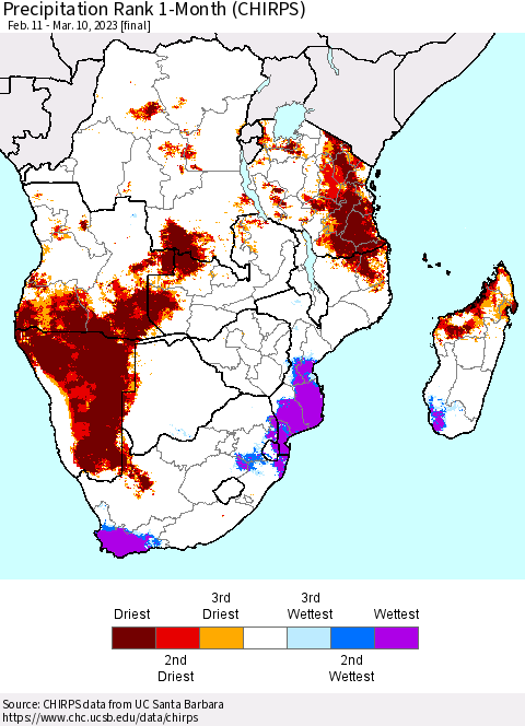 Southern Africa Precipitation Rank since 1981, 1-Month (CHIRPS) Thematic Map For 2/11/2023 - 3/10/2023