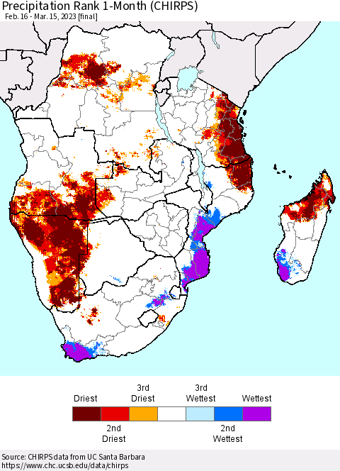 Southern Africa Precipitation Rank since 1981, 1-Month (CHIRPS) Thematic Map For 2/16/2023 - 3/15/2023