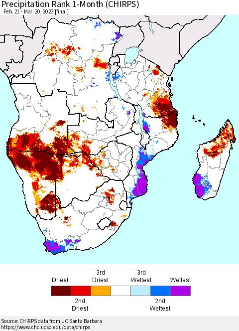 Southern Africa Precipitation Rank since 1981, 1-Month (CHIRPS) Thematic Map For 2/21/2023 - 3/20/2023