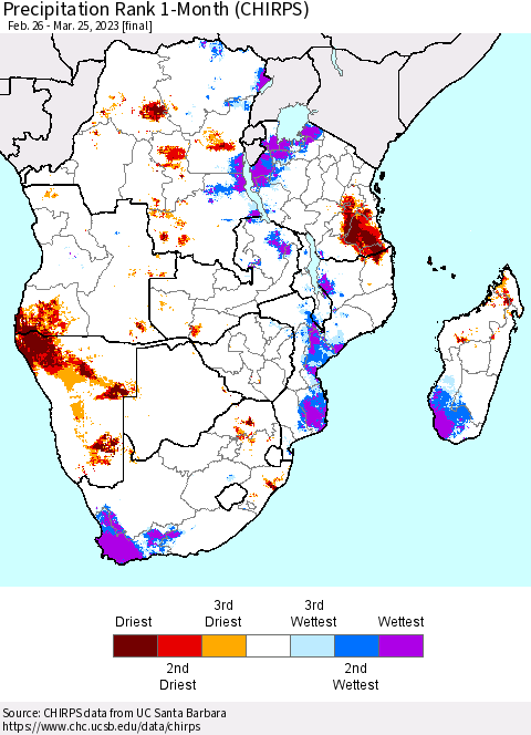 Southern Africa Precipitation Rank since 1981, 1-Month (CHIRPS) Thematic Map For 2/26/2023 - 3/25/2023