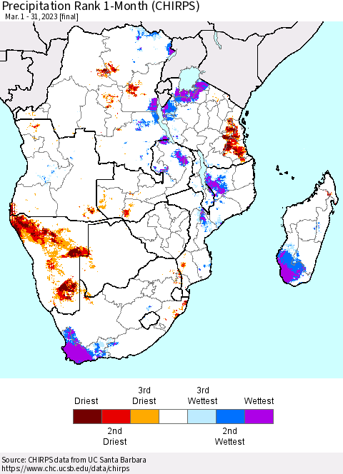 Southern Africa Precipitation Rank since 1981, 1-Month (CHIRPS) Thematic Map For 3/1/2023 - 3/31/2023