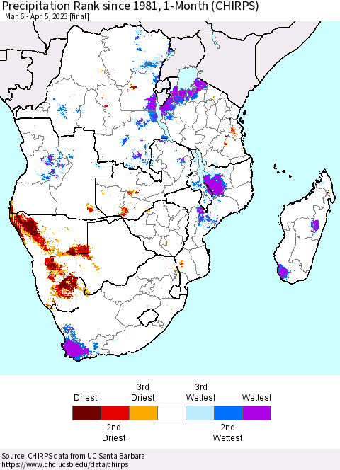 Southern Africa Precipitation Rank since 1981, 1-Month (CHIRPS) Thematic Map For 3/6/2023 - 4/5/2023