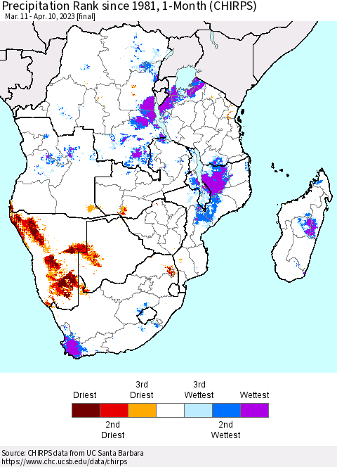 Southern Africa Precipitation Rank since 1981, 1-Month (CHIRPS) Thematic Map For 3/11/2023 - 4/10/2023