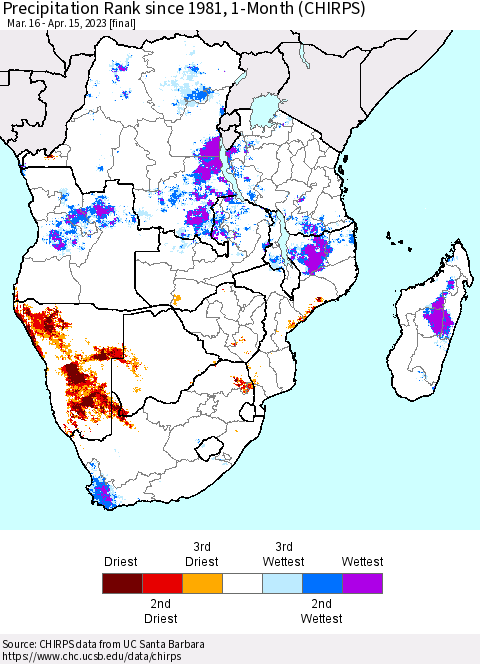 Southern Africa Precipitation Rank since 1981, 1-Month (CHIRPS) Thematic Map For 3/16/2023 - 4/15/2023