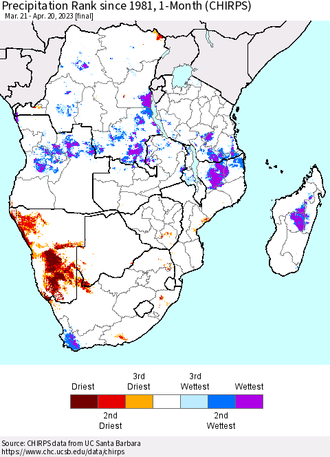 Southern Africa Precipitation Rank since 1981, 1-Month (CHIRPS) Thematic Map For 3/21/2023 - 4/20/2023