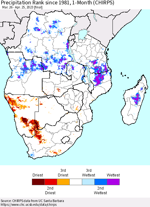 Southern Africa Precipitation Rank since 1981, 1-Month (CHIRPS) Thematic Map For 3/26/2023 - 4/25/2023