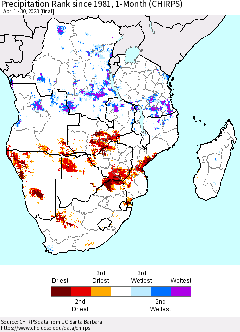 Southern Africa Precipitation Rank since 1981, 1-Month (CHIRPS) Thematic Map For 4/1/2023 - 4/30/2023
