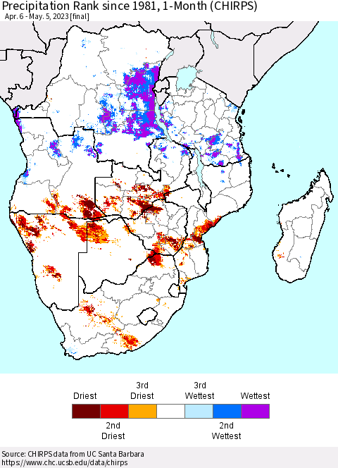 Southern Africa Precipitation Rank since 1981, 1-Month (CHIRPS) Thematic Map For 4/6/2023 - 5/5/2023