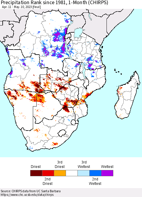 Southern Africa Precipitation Rank since 1981, 1-Month (CHIRPS) Thematic Map For 4/11/2023 - 5/10/2023