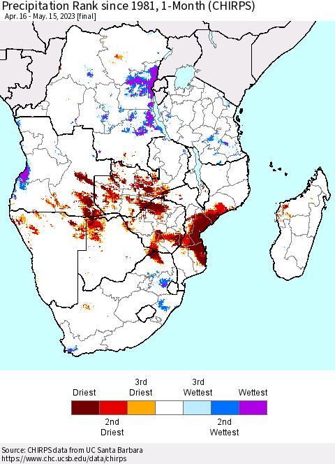 Southern Africa Precipitation Rank since 1981, 1-Month (CHIRPS) Thematic Map For 4/16/2023 - 5/15/2023